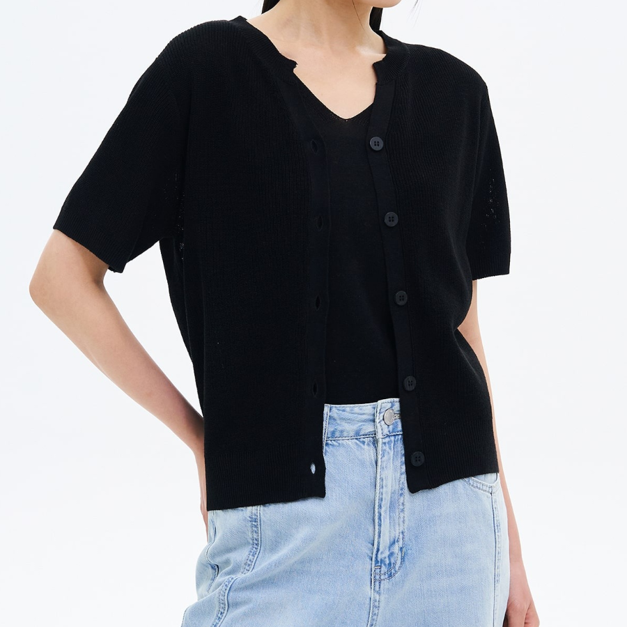 8 seconds Linen Blend Round Neck Short Sleeve Cardigan — Black