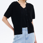 8 seconds Linen Blend Round Neck Short Sleeve Cardigan — Black