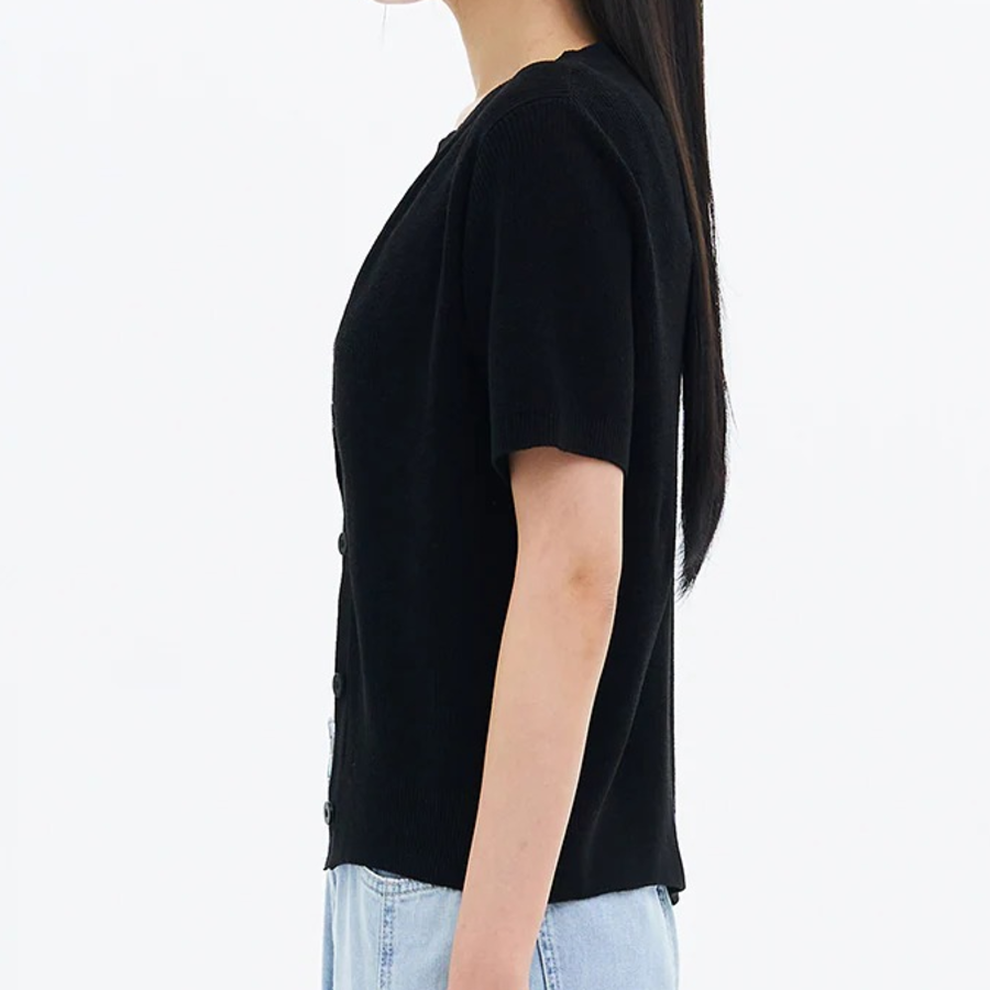 8 seconds Linen Blend Round Neck Short Sleeve Cardigan — Black