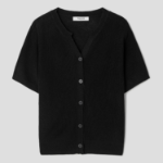 8 seconds Linen Blend Round Neck Short Sleeve Cardigan — Black