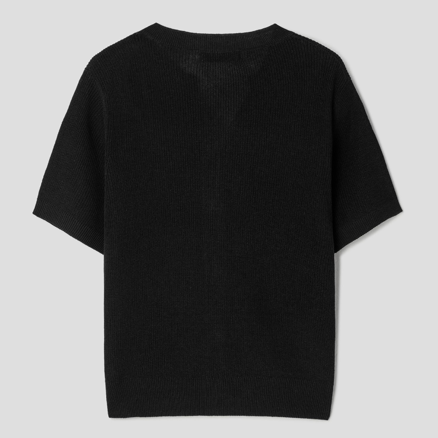 8 seconds Linen Blend Round Neck Short Sleeve Cardigan — Black