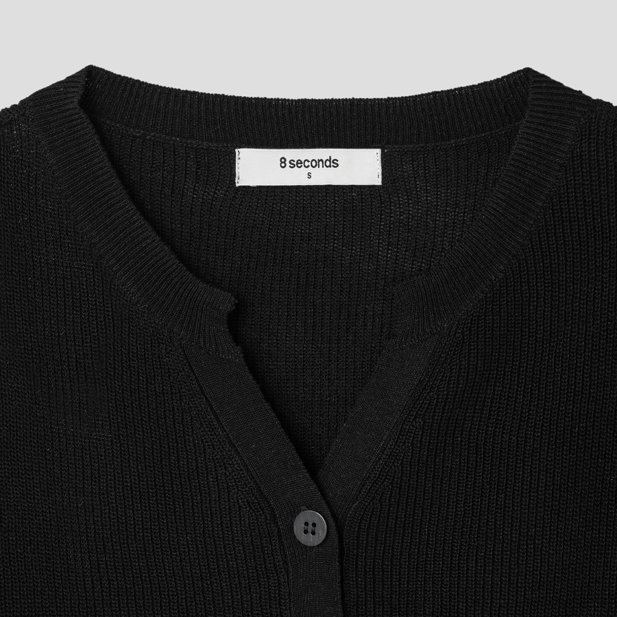 8 seconds Linen Blend Round Neck Short Sleeve Cardigan — Black