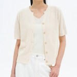 8 seconds Linen Blend Round Neck Short Sleeve Cardigan — Ivory