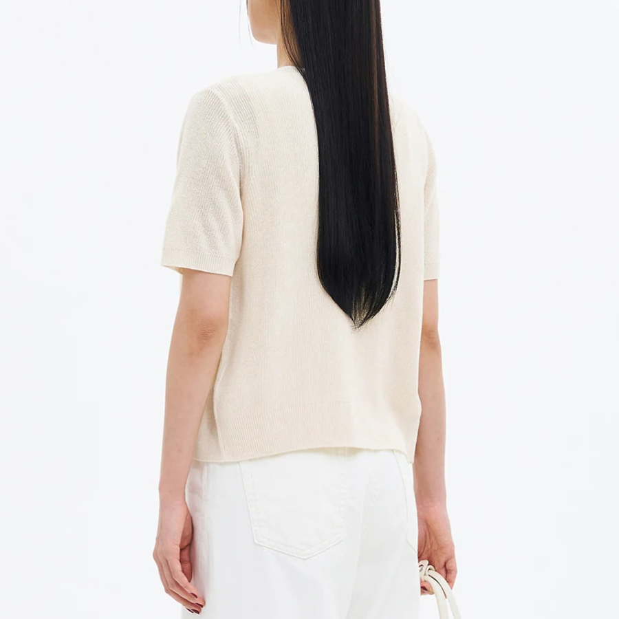 8 seconds Linen Blend Round Neck Short Sleeve Cardigan — Ivory
