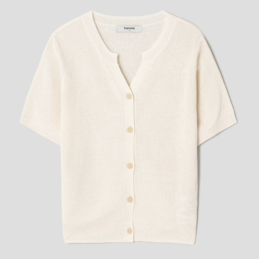 8 seconds Linen Blend Round Neck Short Sleeve Cardigan — Ivory