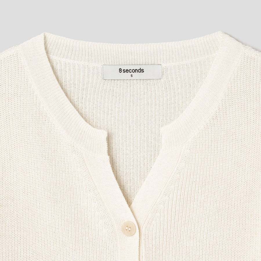 8 seconds Linen Blend Round Neck Short Sleeve Cardigan — Ivory