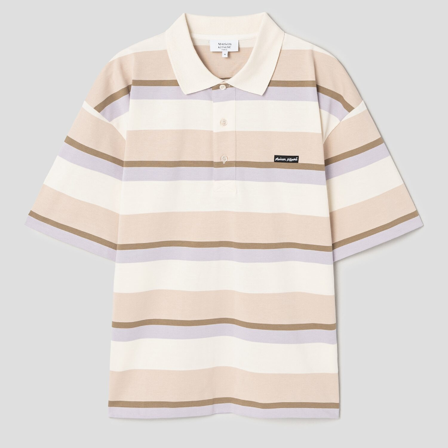Maison Kitsune Men Striped Ss Oversize Polo - Soft Mauve/Cardamone