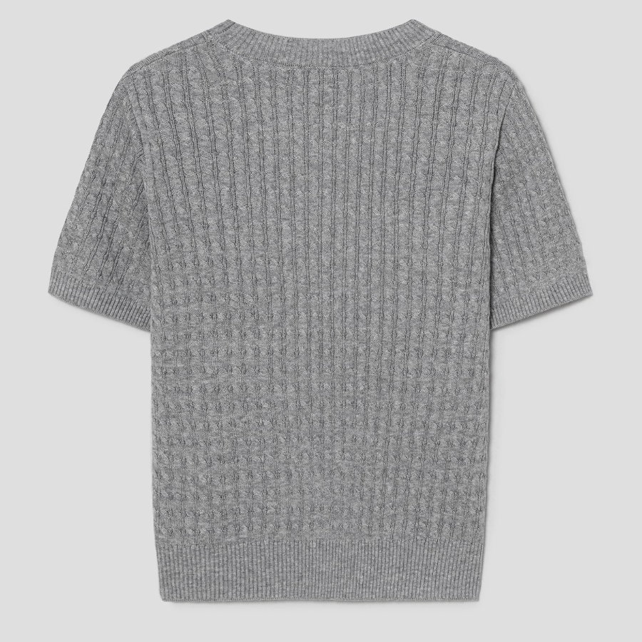 8 seconds Text Embroidery Cable Short Sleeve Pullover — Light Grey