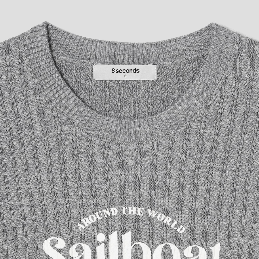 8 seconds Text Embroidery Cable Short Sleeve Pullover — Light Grey