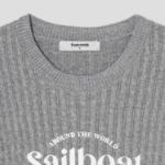 8 seconds Text Embroidery Cable Short Sleeve Pullover — Light Grey