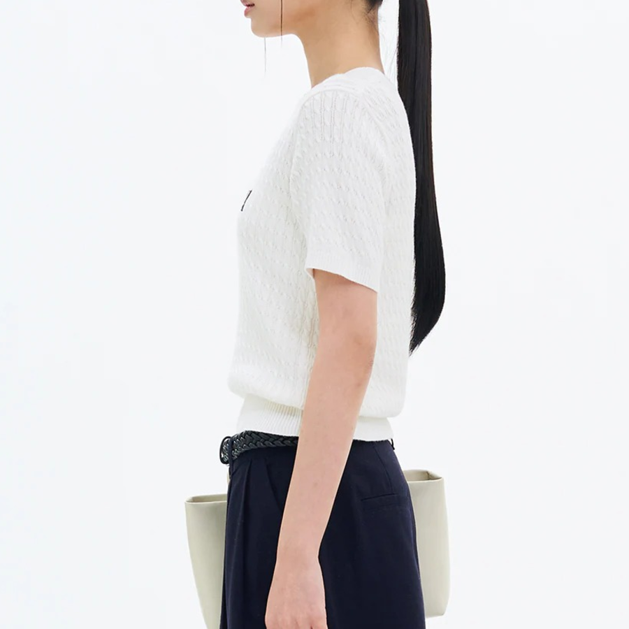 8 seconds Text Embroidery Cable Short Sleeve Pullover — White