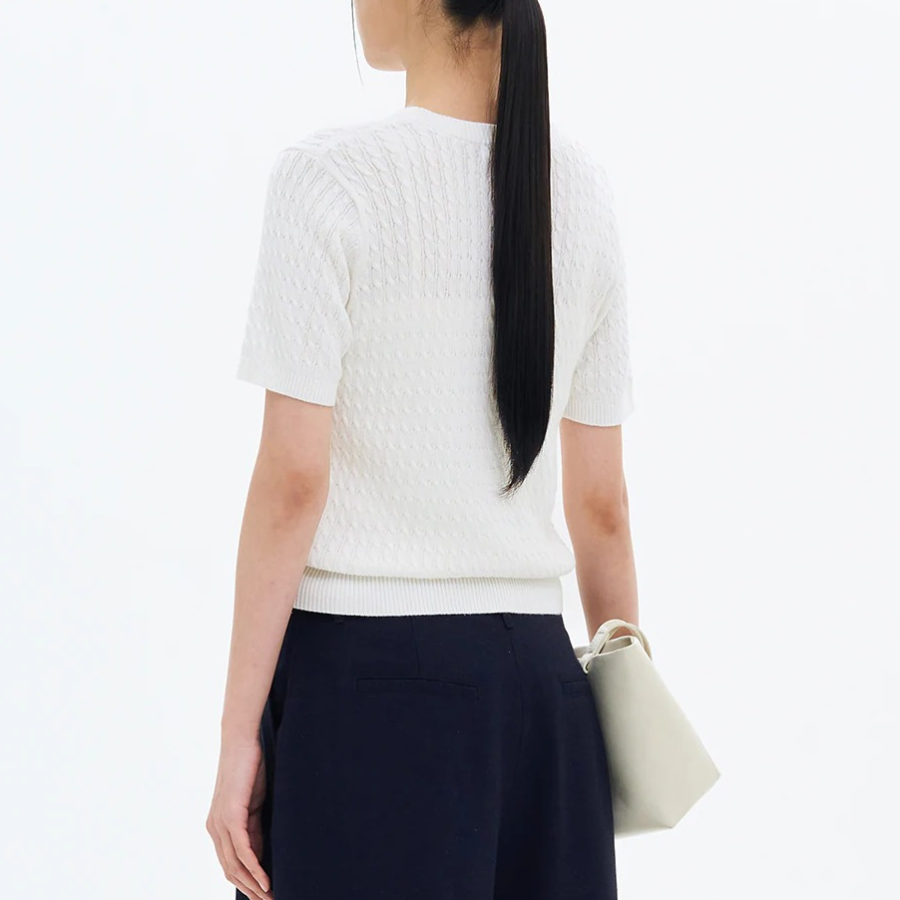 8 seconds Text Embroidery Cable Short Sleeve Pullover — White