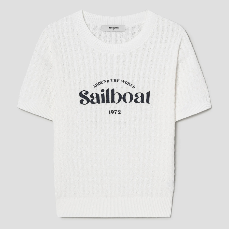8 seconds Text Embroidery Cable Short Sleeve Pullover — White