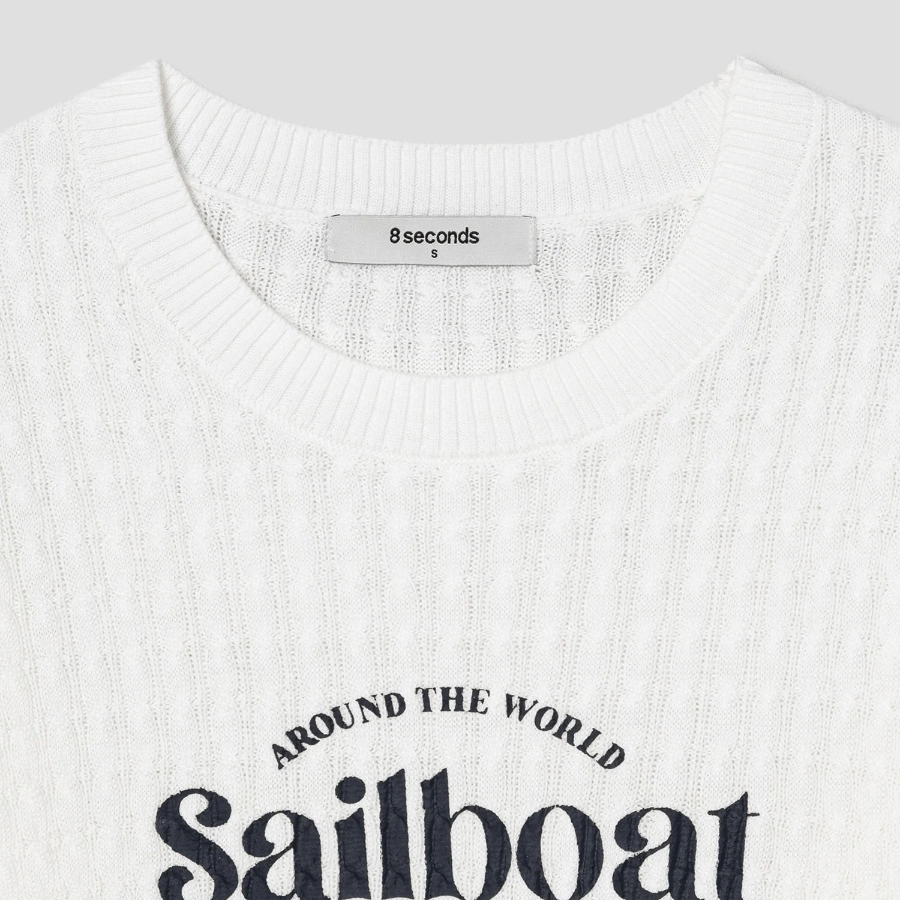 8 seconds Text Embroidery Cable Short Sleeve Pullover — White