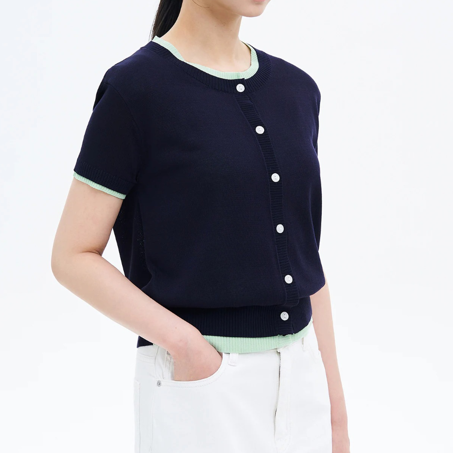 8 seconds Layered Short Sleeve Cardigan — Navy