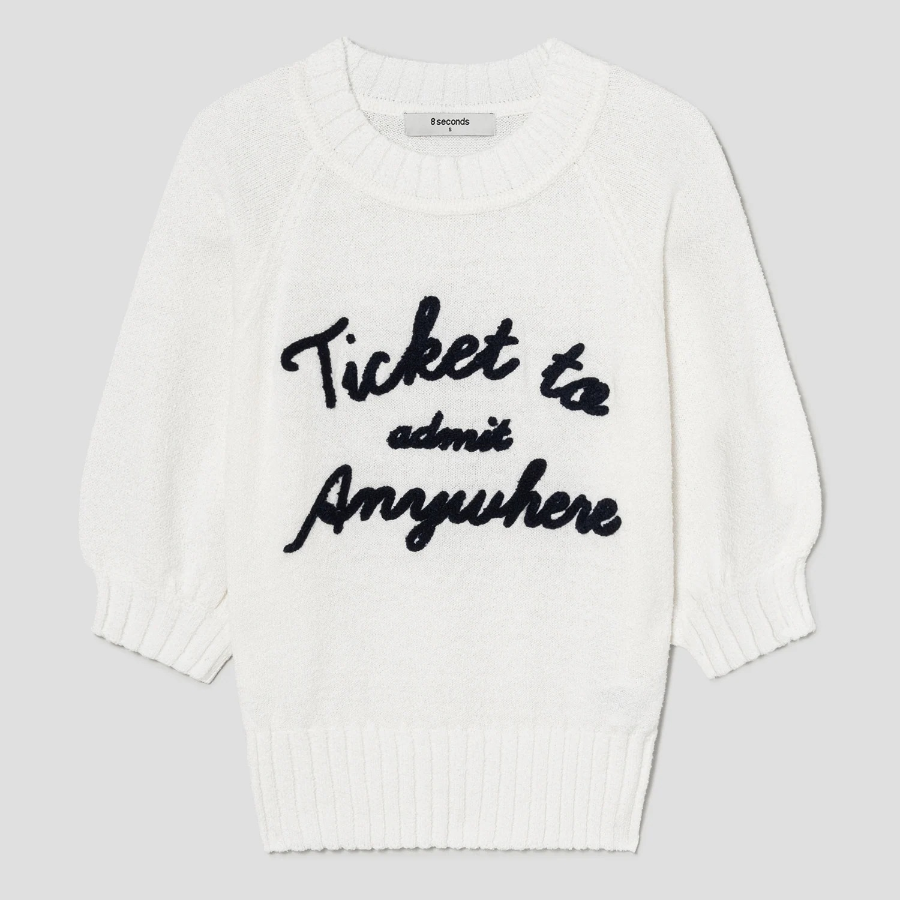 8 seconds Text Embroidery Short Sleeve Pullover — Ivory