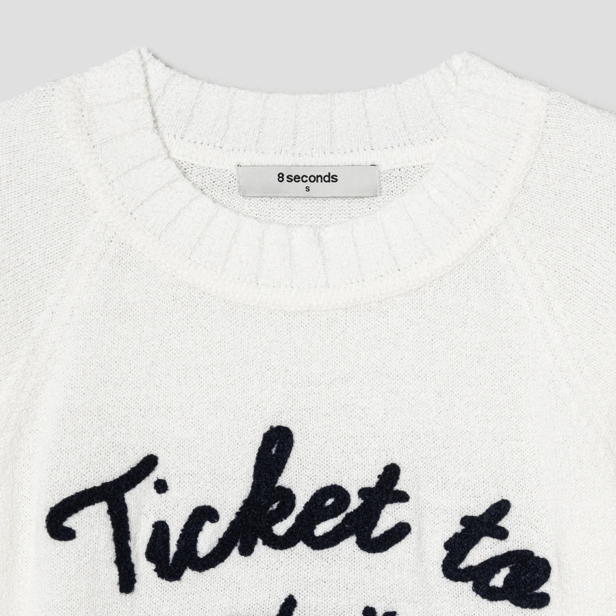 8 seconds Text Embroidery Short Sleeve Pullover — Ivory