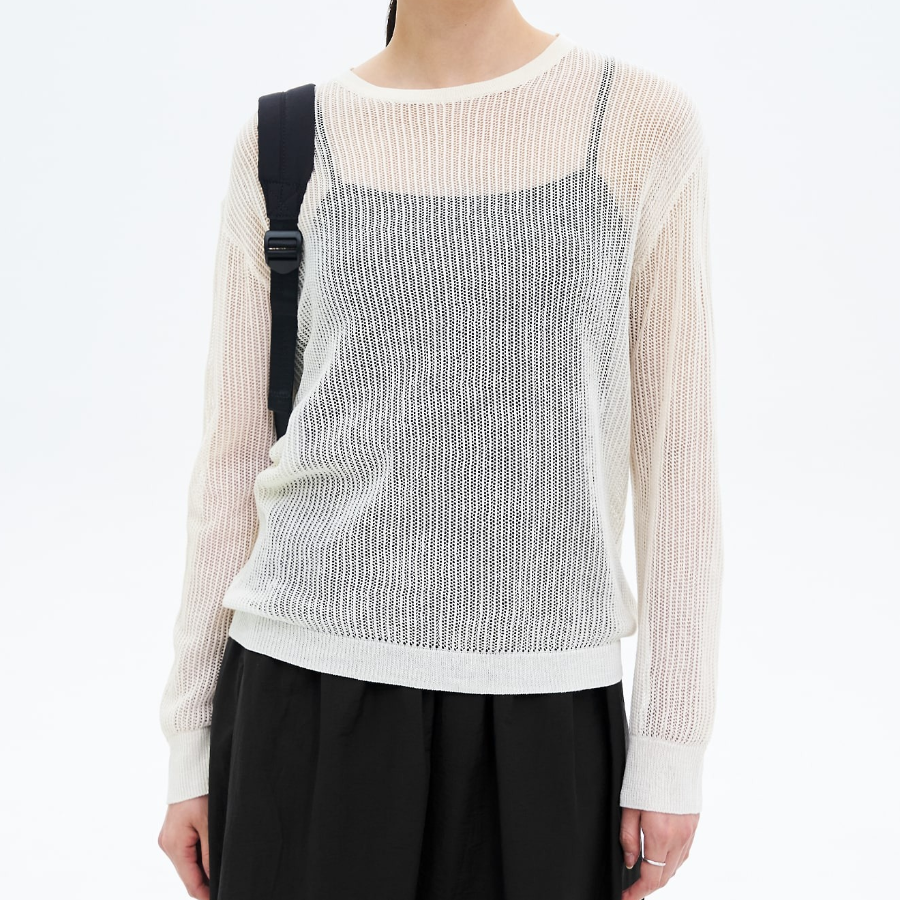 8 seconds Linen Blend Net Round Neck Pullover — Ivory