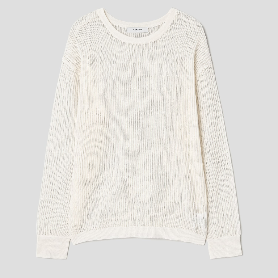 8 seconds Linen Blend Net Round Neck Pullover — Ivory