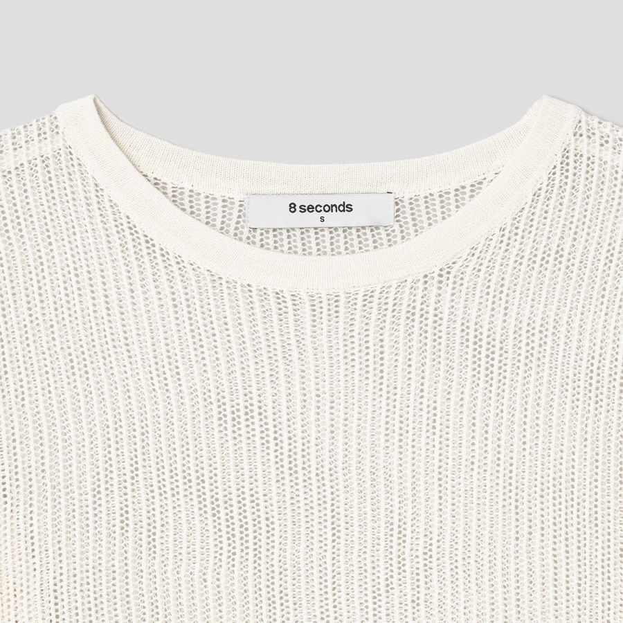 8 seconds Linen Blend Net Round Neck Pullover — Ivory