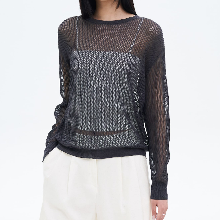 8 seconds Linen Blend Net Round Neck Pullover — Ash