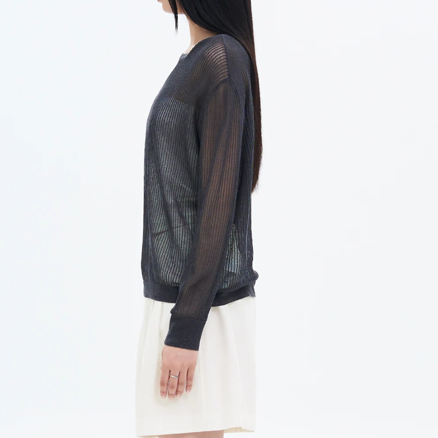 8 seconds Linen Blend Net Round Neck Pullover — Ash