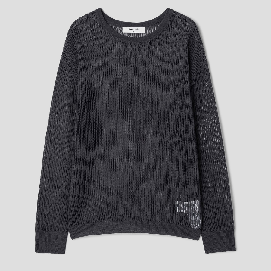 8 seconds Linen Blend Net Round Neck Pullover — Ash