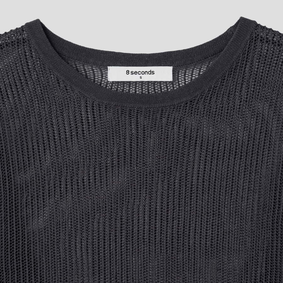 8 seconds Linen Blend Net Round Neck Pullover — Ash