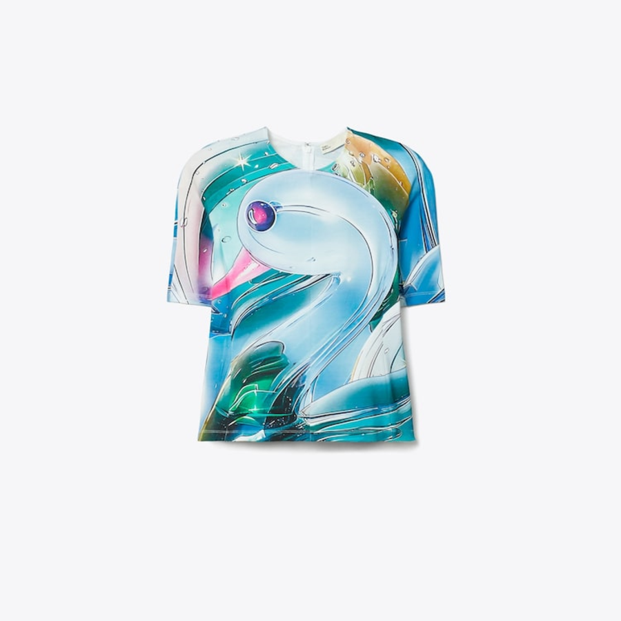 TORY BURCH Printed Cotton T-Shirt – Blue