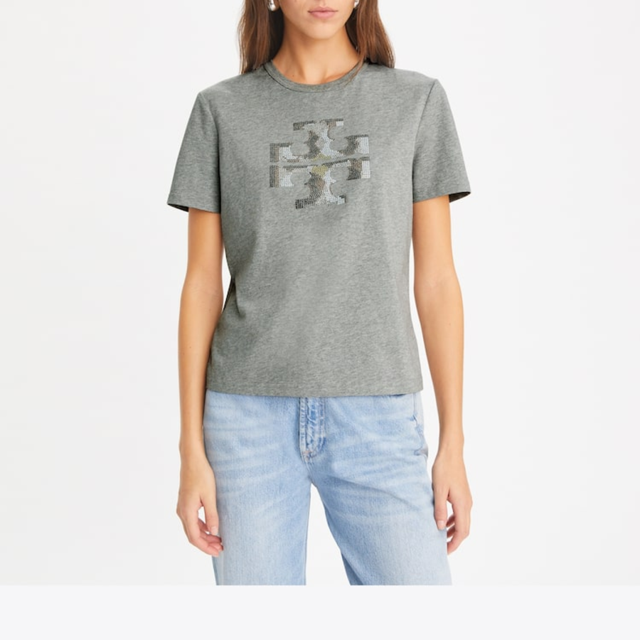 TORY BURCH Crystal Logo T-Shirt – Gray
