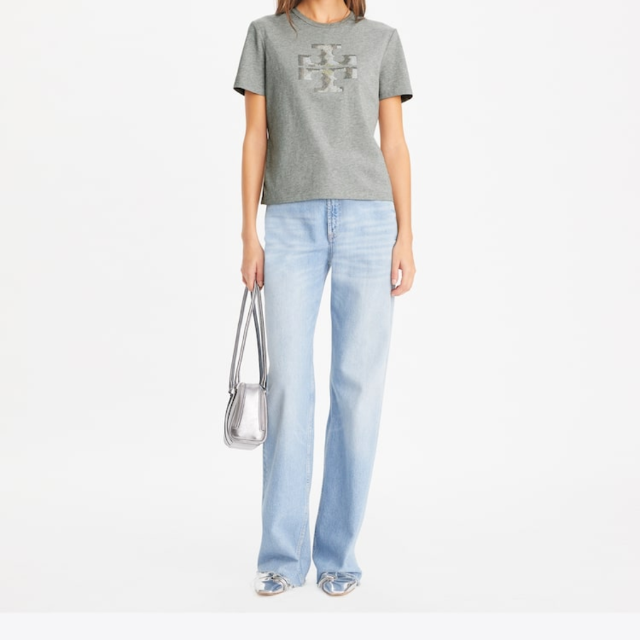 TORY BURCH Crystal Logo T-Shirt – Gray