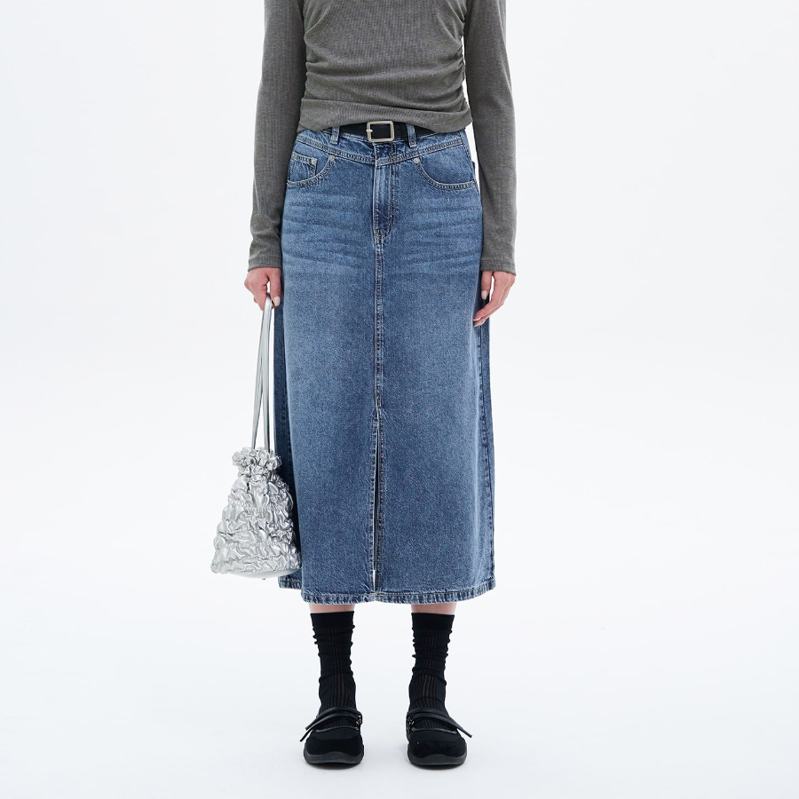 8 seconds Thin Washing Lightweight Denim Long Skirt — Blue
