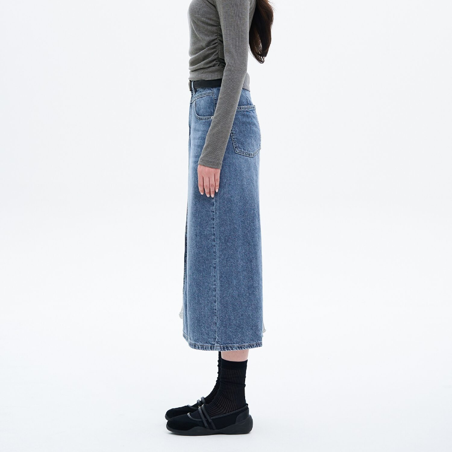 8 seconds Thin Washing Lightweight Denim Long Skirt — Blue