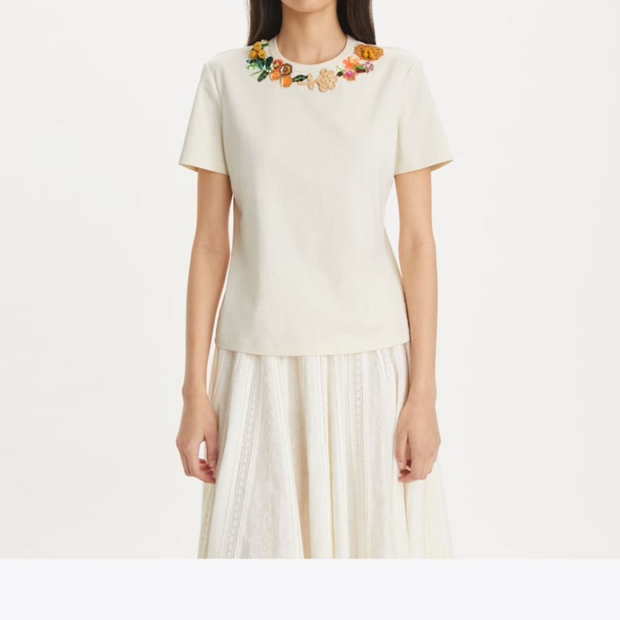 TORY BURCH Embellished Cotton T-Shirt – Ivory