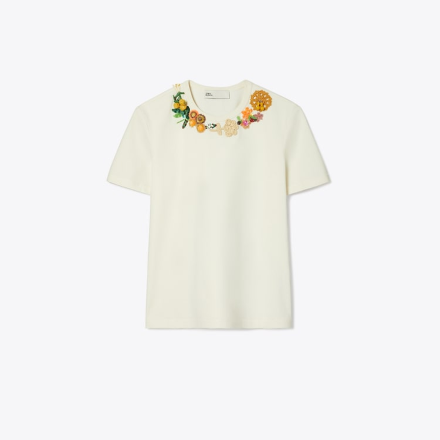 TORY BURCH Embellished Cotton T-Shirt – Ivory