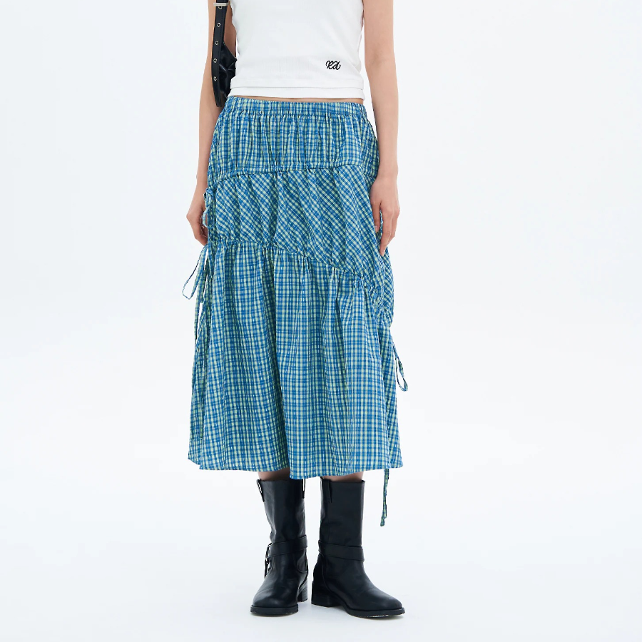 8 seconds Check Long Skirt — Blue