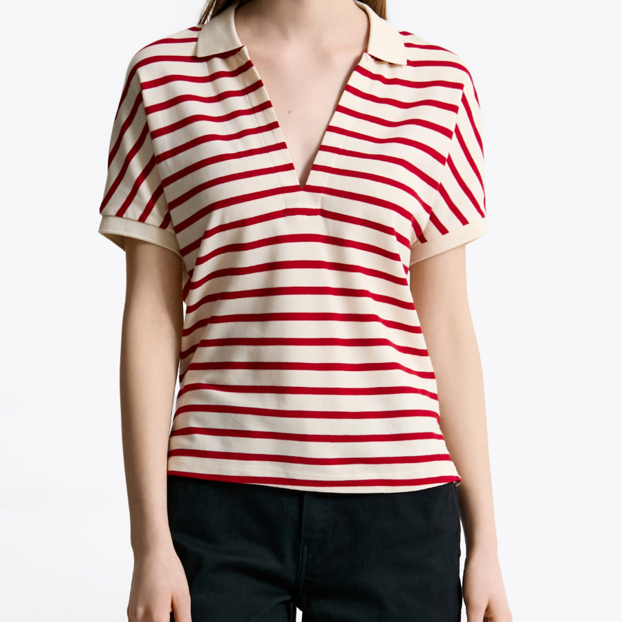 TOMMY HILFIGER [Official Headquarters] Open Collar Striped Short Sleeve Polo Shirt