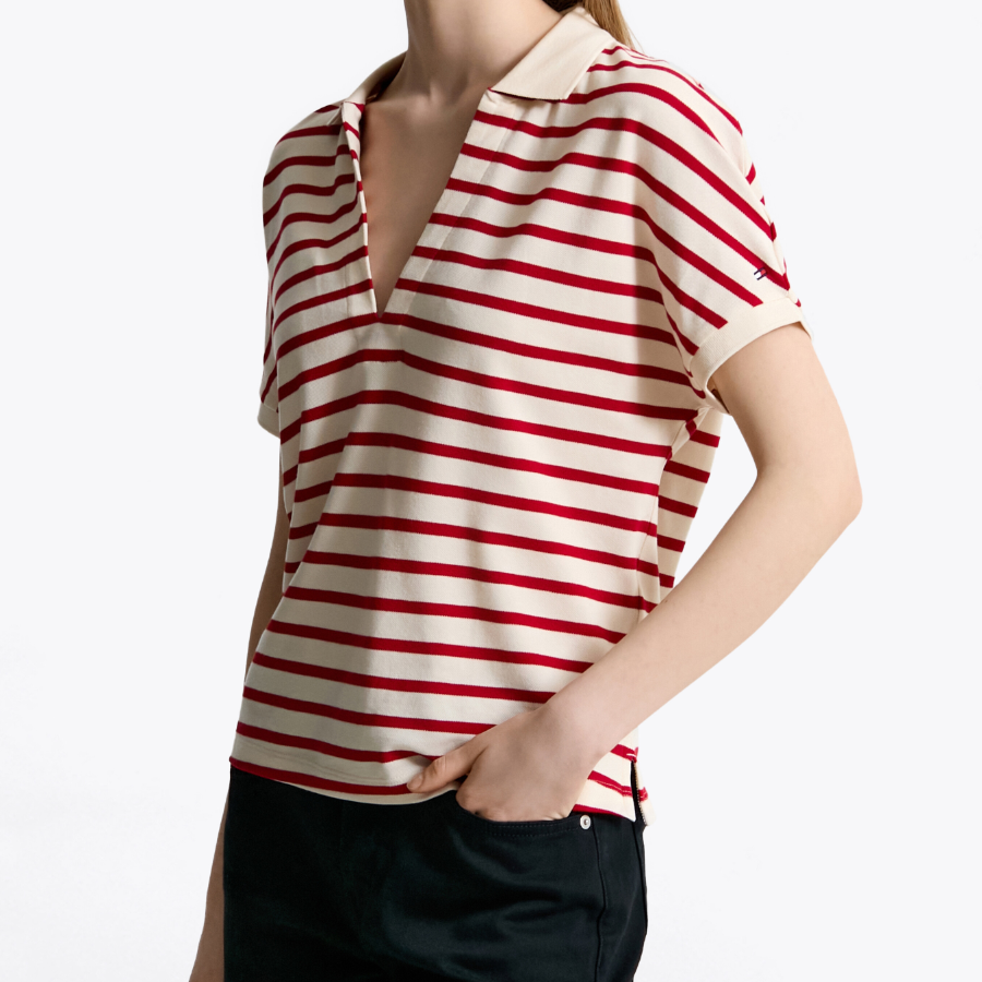 TOMMY HILFIGER [Official Headquarters] Open Collar Striped Short Sleeve Polo Shirt