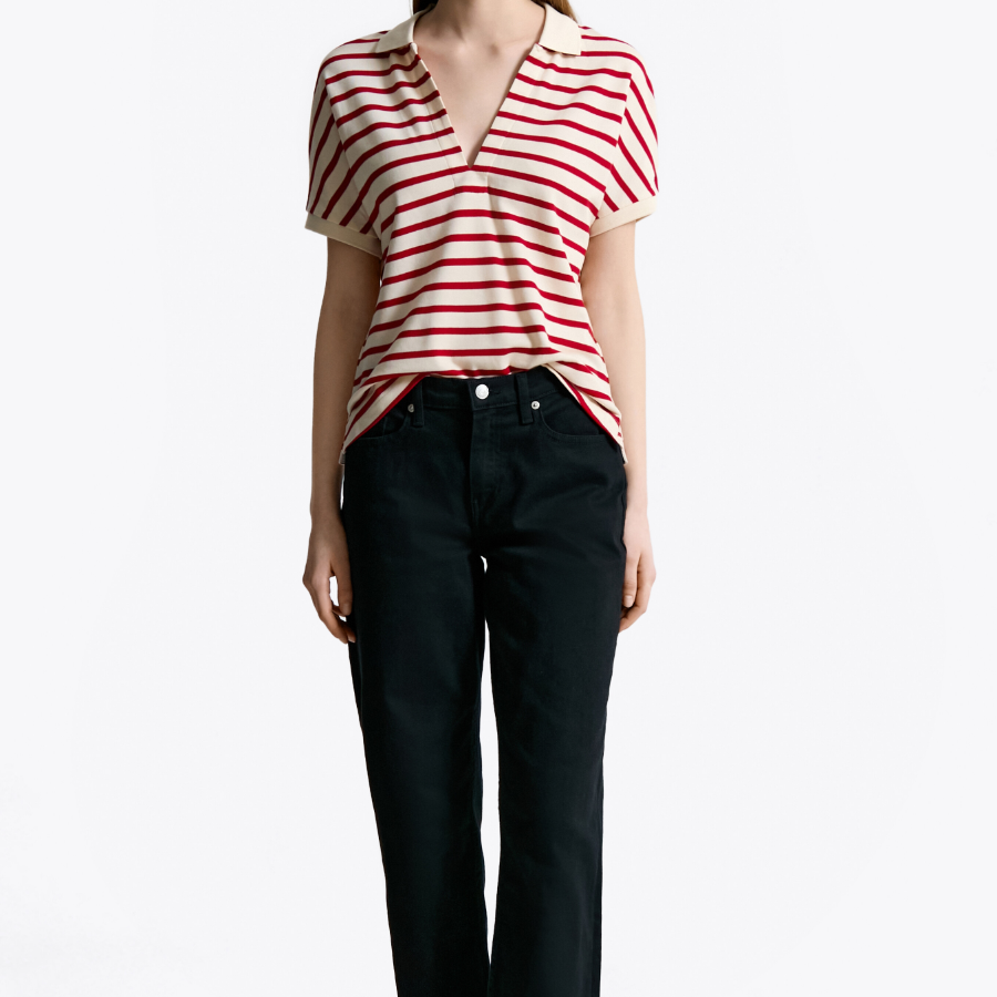 TOMMY HILFIGER [Official Headquarters] Open Collar Striped Short Sleeve Polo Shirt