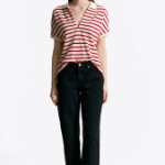 TOMMY HILFIGER [Official Headquarters] Open Collar Striped Short Sleeve Polo Shirt