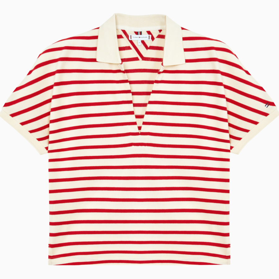TOMMY HILFIGER [Official Headquarters] Open Collar Striped Short Sleeve Polo Shirt