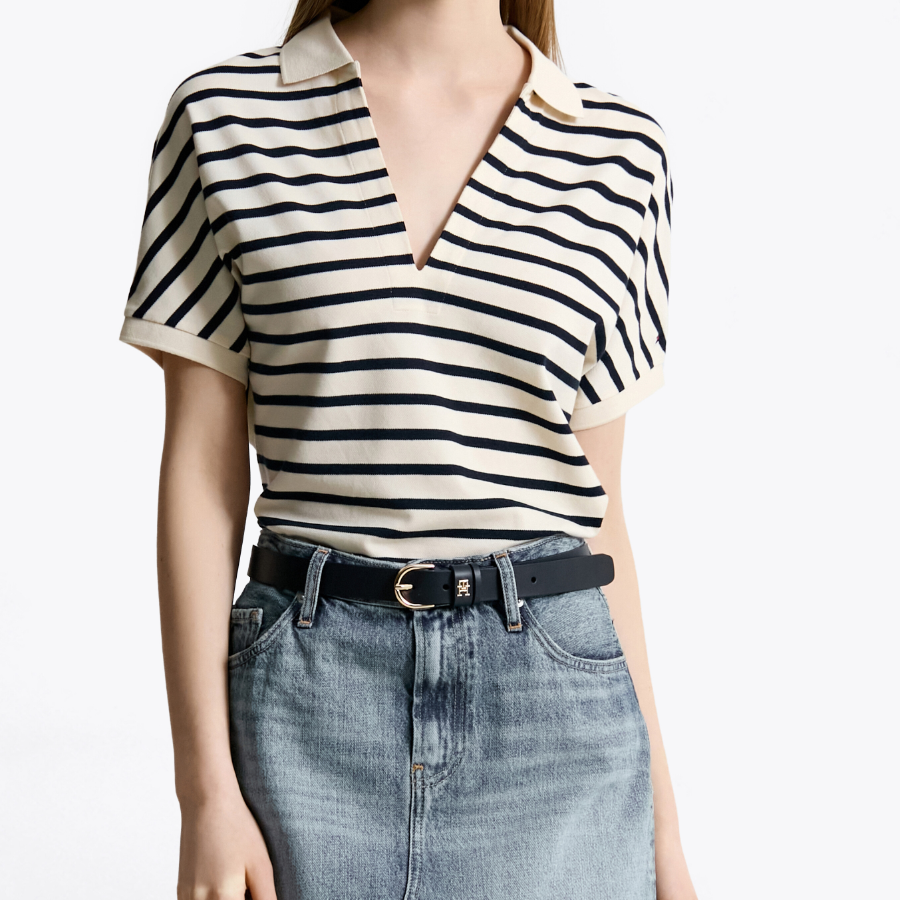 TOMMY HILFIGER [Official Headquarters] Striped V-Neck Short Sleeve Polo Shirt