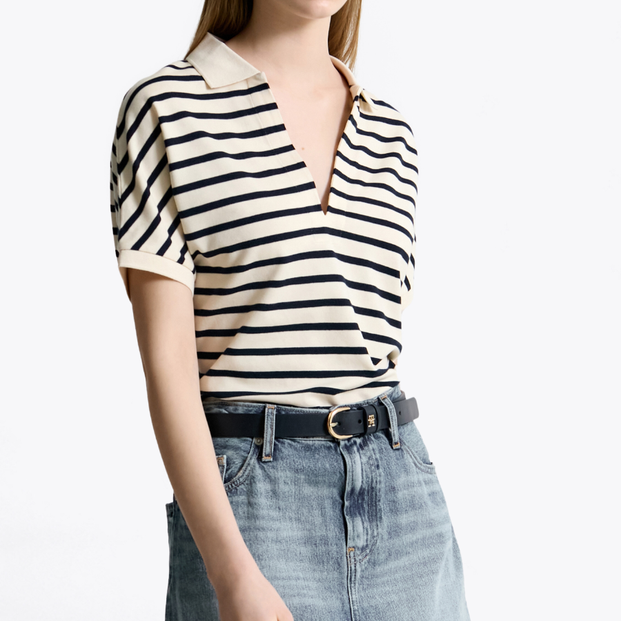 TOMMY HILFIGER [Official Headquarters] Striped V-Neck Short Sleeve Polo Shirt