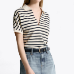 TOMMY HILFIGER [Official Headquarters] Striped V-Neck Short Sleeve Polo Shirt