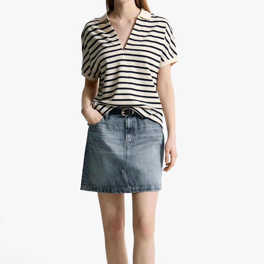 TOMMY HILFIGER [Official Headquarters] Striped V-Neck Short Sleeve Polo Shirt