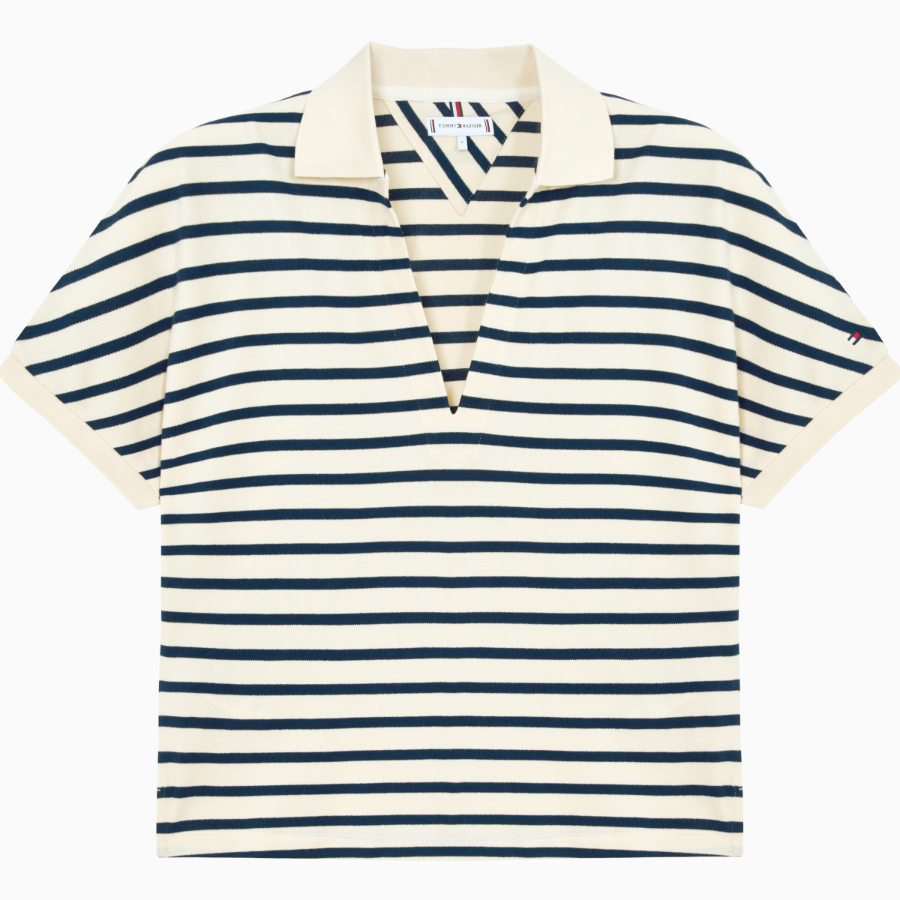 TOMMY HILFIGER [Official Headquarters] Striped V-Neck Short Sleeve Polo Shirt