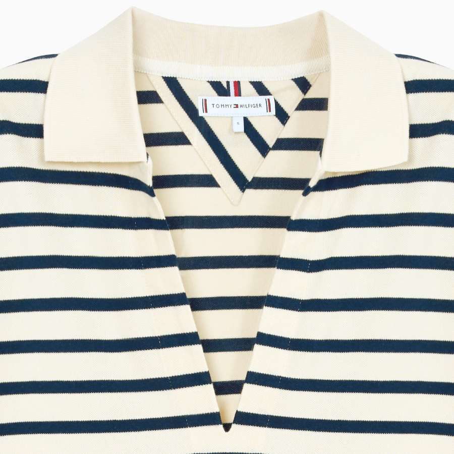 TOMMY HILFIGER [Official Headquarters] Striped V-Neck Short Sleeve Polo Shirt