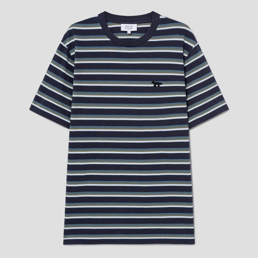 Maison Kitsune Men Profile Fox Patch Striped Comfort Tee-Shirt - Soft Teal / Bay Leaf / Cirrus Blue