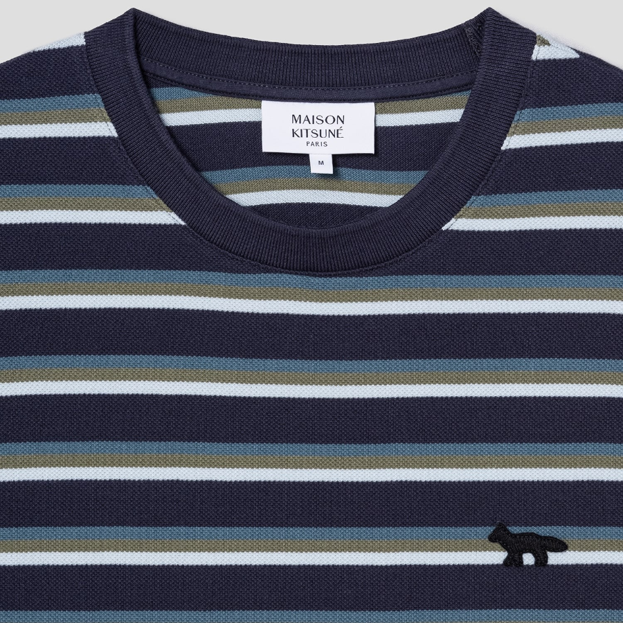 Maison Kitsune Men Profile Fox Patch Striped Comfort Tee-Shirt - Soft Teal / Bay Leaf / Cirrus Blue