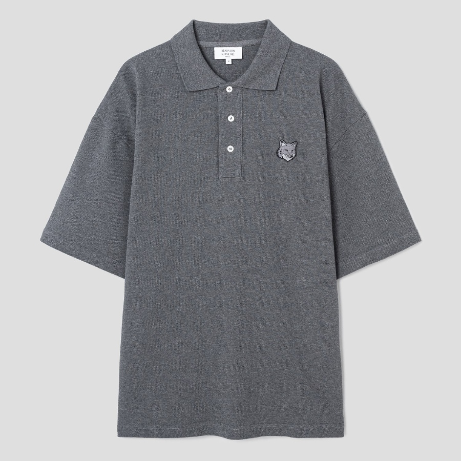 Maison Kitsune Men Bold Fox Head Patch Oversize Polo - Dark Grey Melange